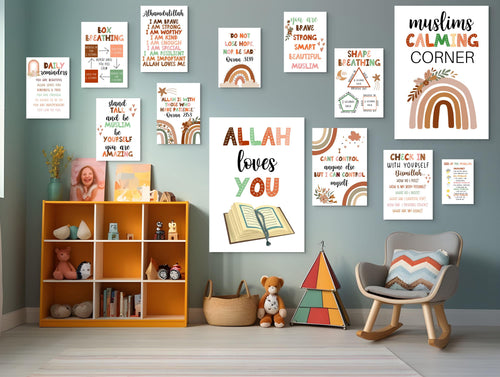 Boho Islamic Kids Calming Corner Prints: Muslim Nursery Decor (Digital Download Set of 30)