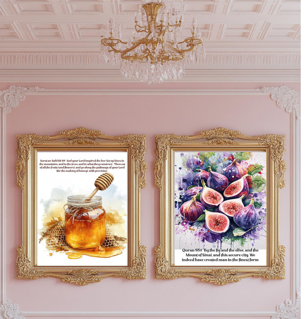 Islamic Art Print Set  Quran Verses, Fig, Honey, Pomegranate (Digital Download)