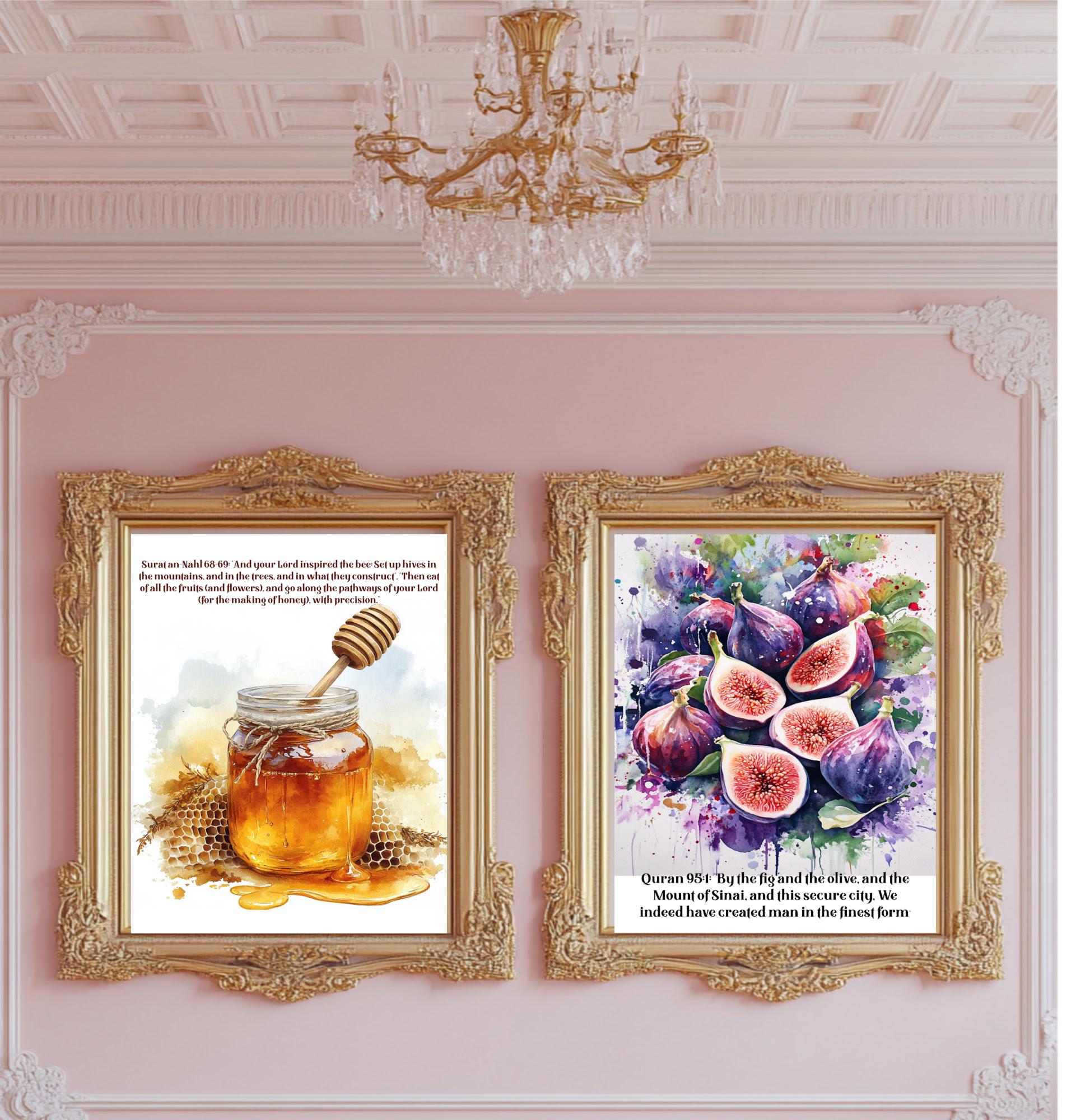 Islamic Art Print Set  Quran Verses, Fig, Honey, Pomegranate (Digital Download)