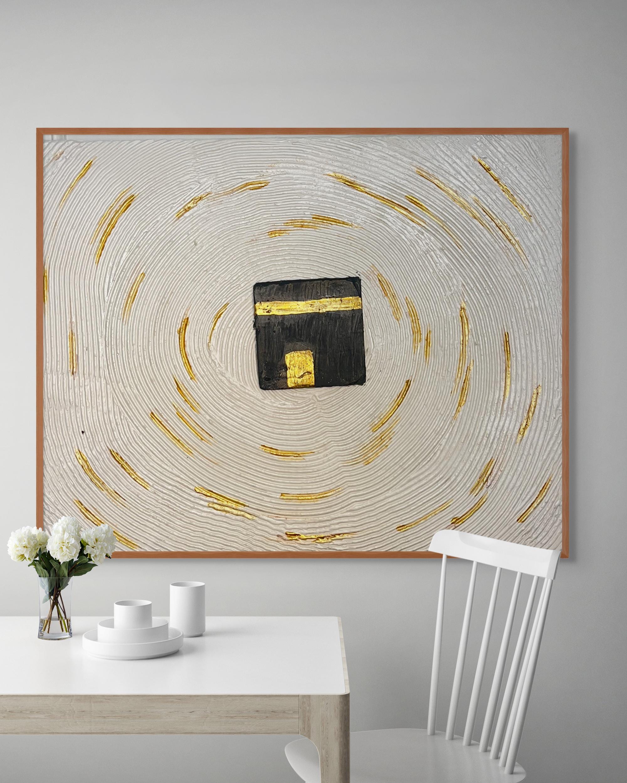 Textured Kaaba Painting on Canvas: Gold Accent Islamic Wall Art