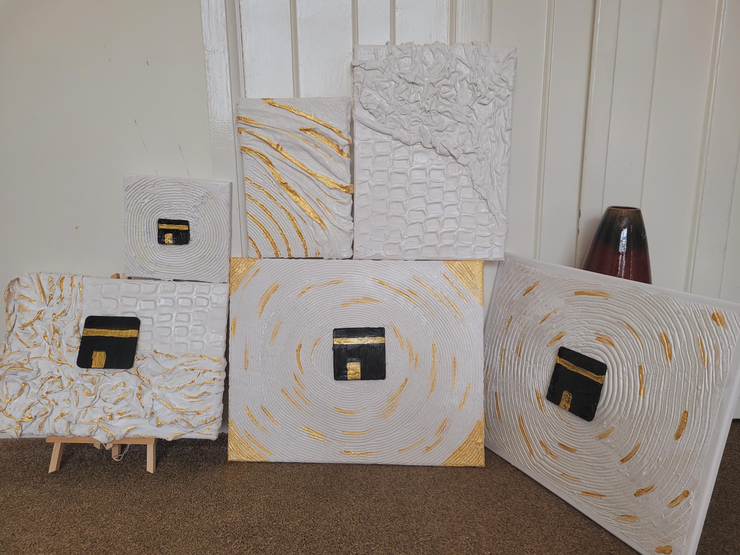 Textured Kaaba Painting on Canvas: Gold Accent Islamic Wall Art