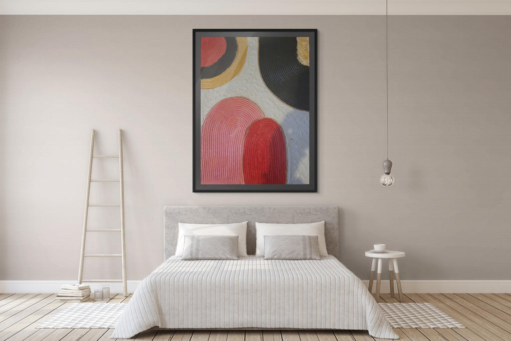 Handmade Textured Plaster Wall Art: Red, Black, Boho Canvas