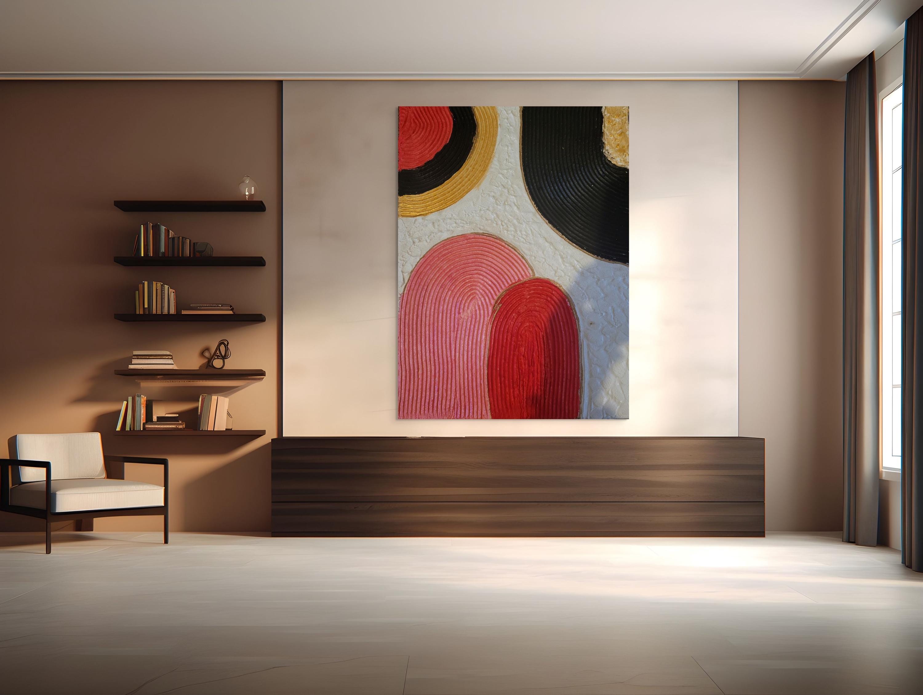 Handmade Textured Plaster Wall Art: Red, Black, Boho Canvas