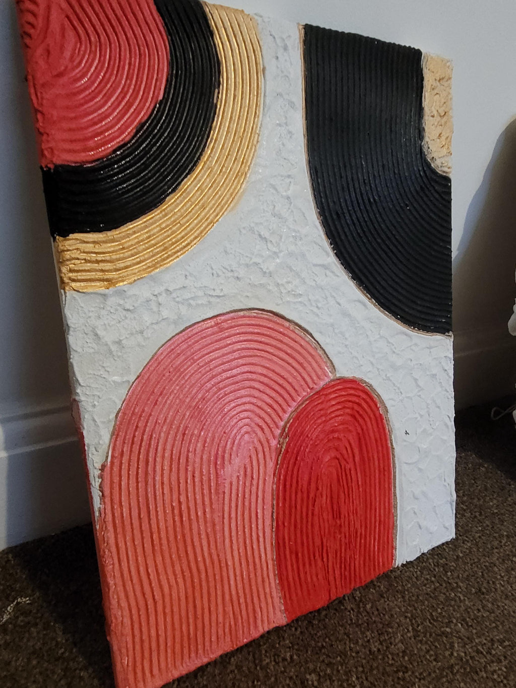 Handmade Textured Plaster Wall Art: Red, Black, Boho Canvas