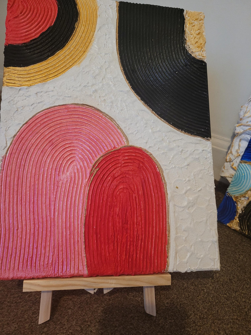 Handmade Textured Plaster Wall Art: Red, Black, Boho Canvas