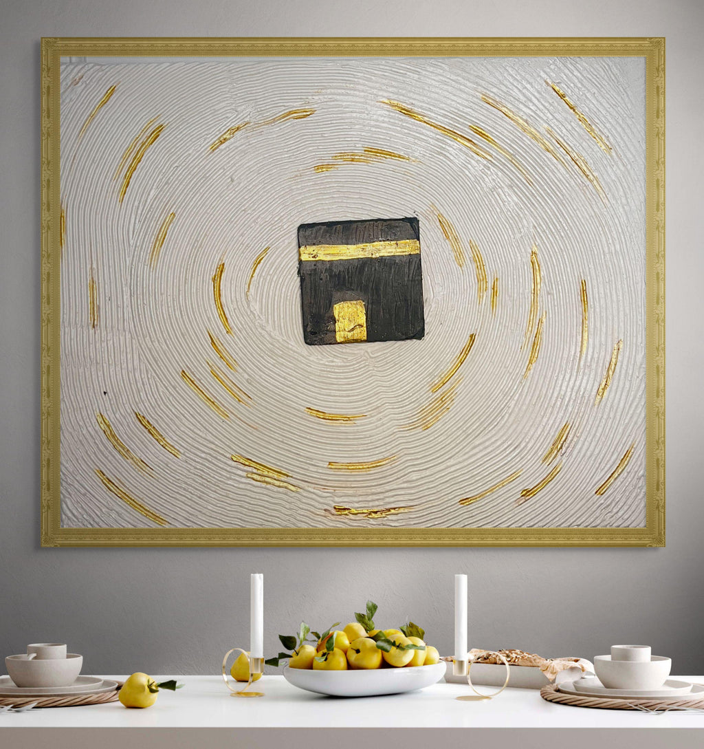 Textured Kaaba Painting on Canvas: Gold Accent Islamic Wall Art