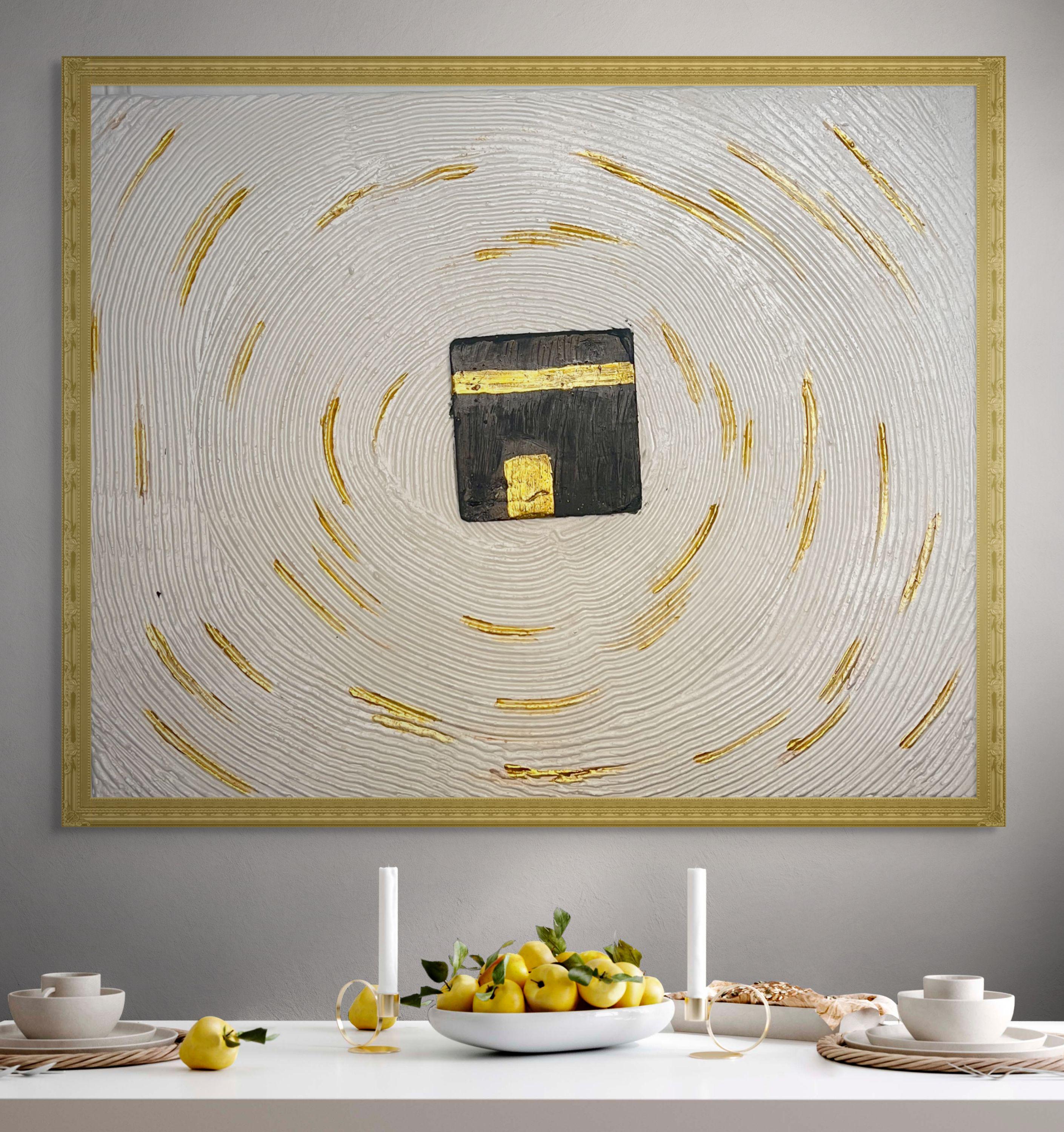 Textured Kaaba Painting on Canvas: Gold Accent Islamic Wall Art