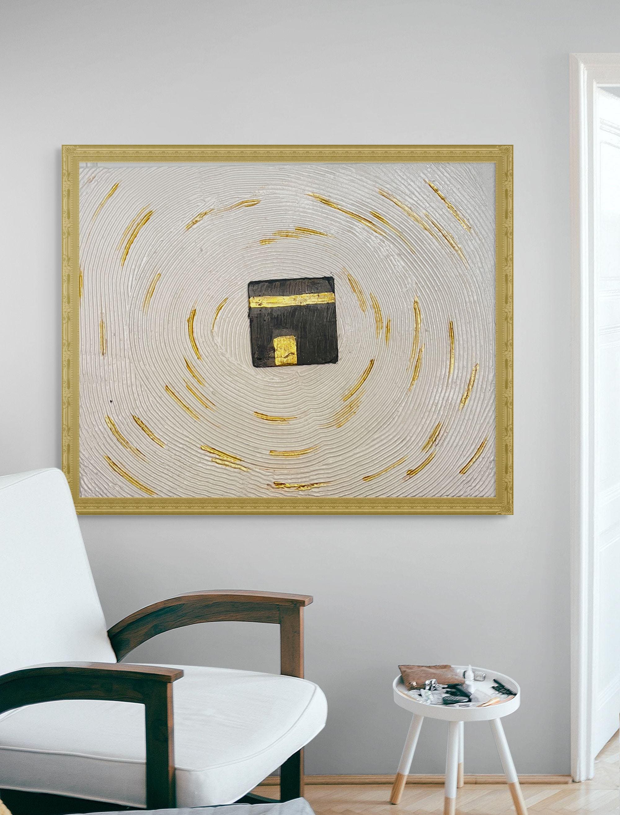 Textured Kaaba Painting on Canvas: Gold Accent Islamic Wall Art