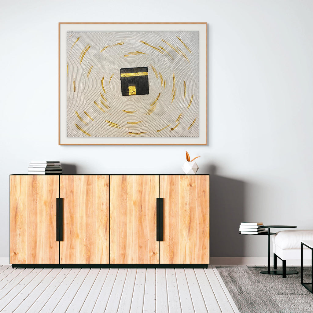 Textured Kaaba Painting on Canvas: Gold Accent Islamic Wall Art