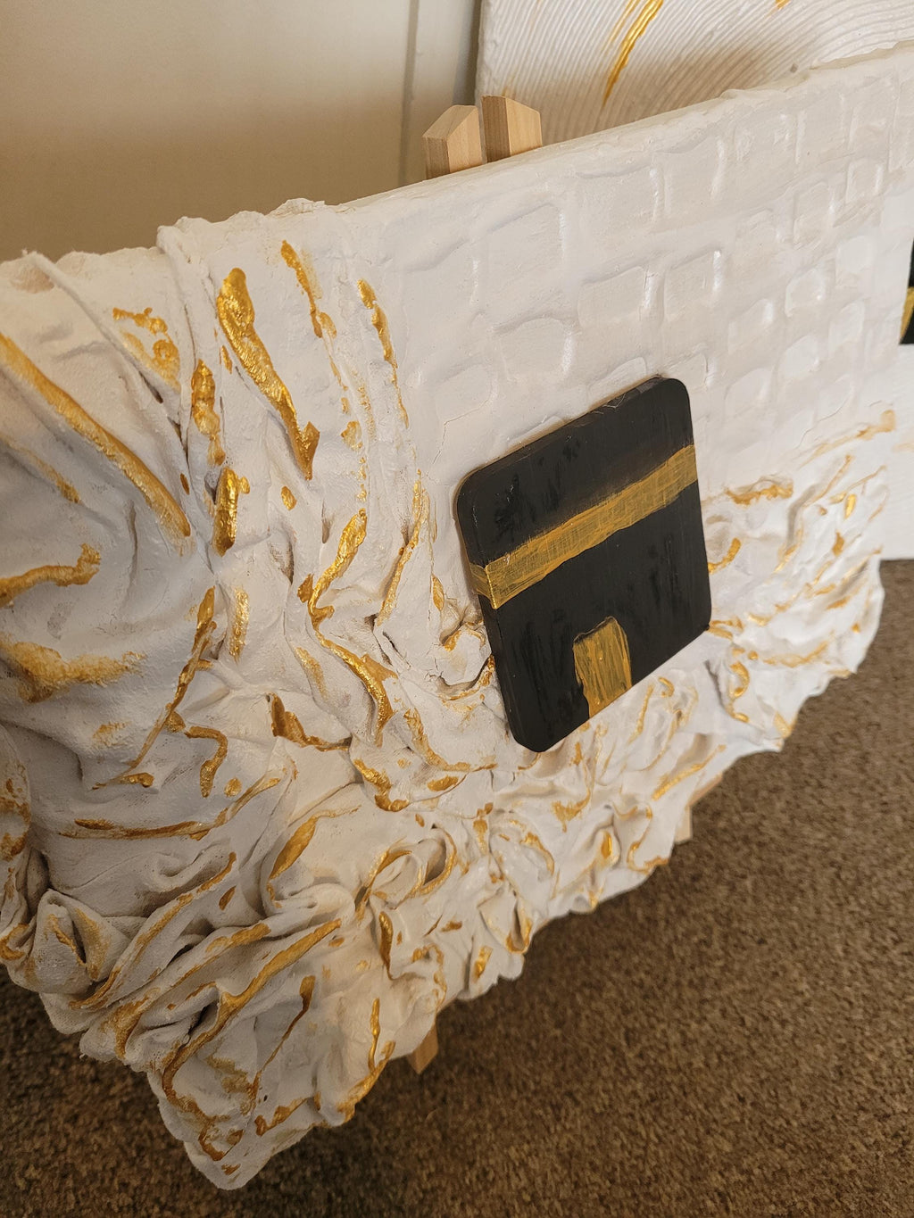 Textured Holy Kaaba Canvas Art: Gold Accent Islamic Decor