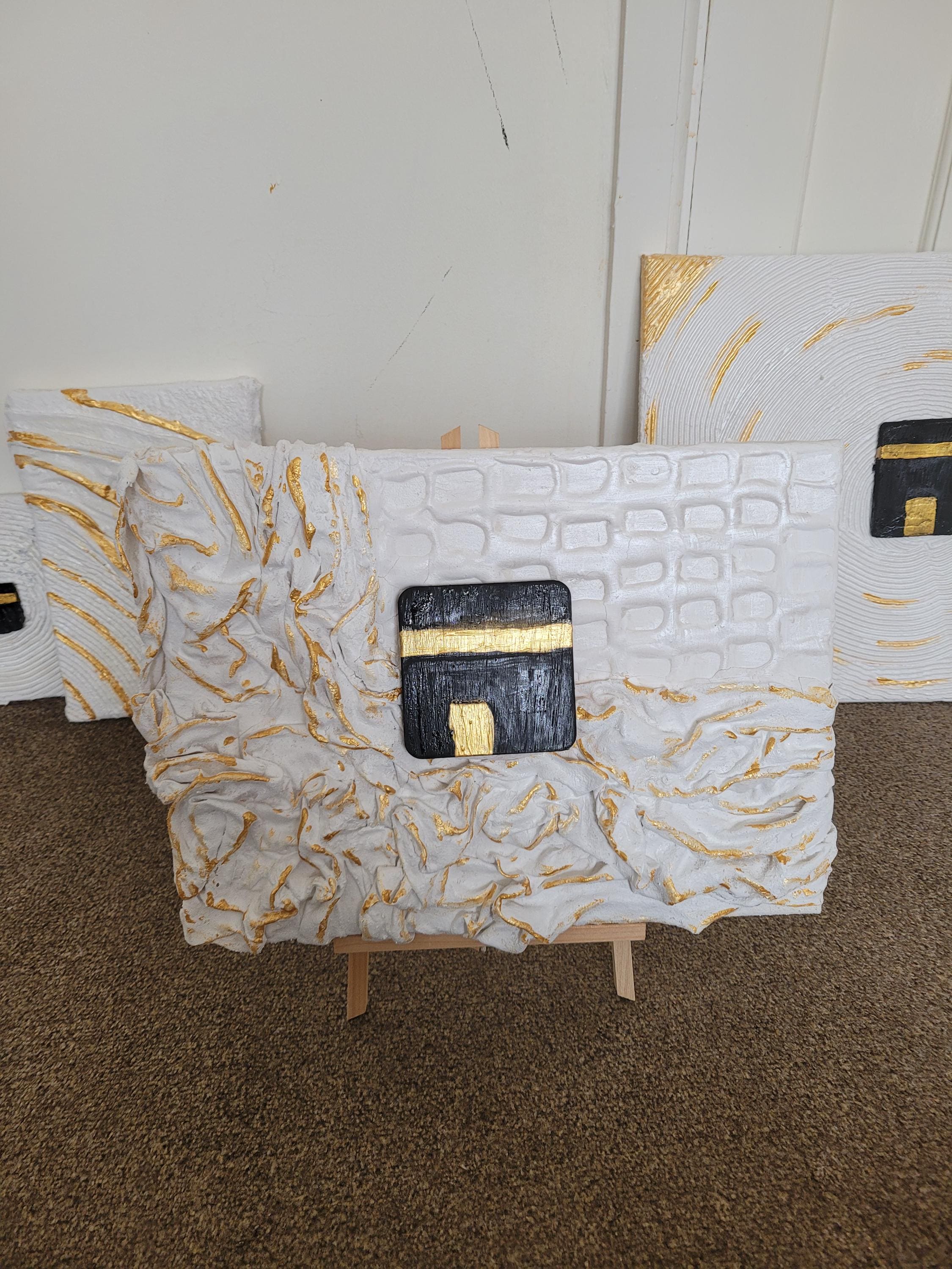 Textured Holy Kaaba Canvas Art: Gold Accent Islamic Decor
