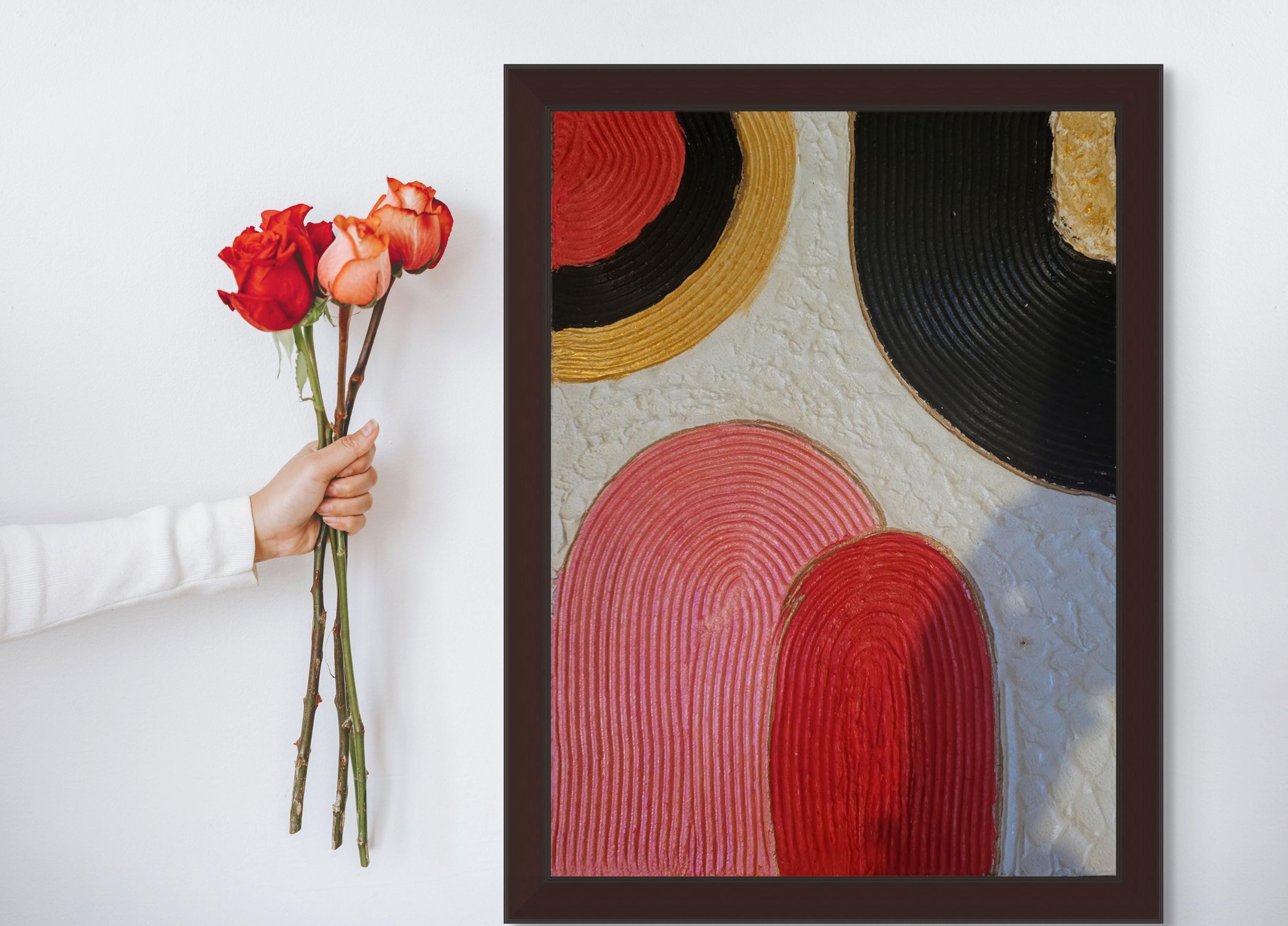 Handmade Textured Plaster Wall Art: Red, Black, Boho Canvas