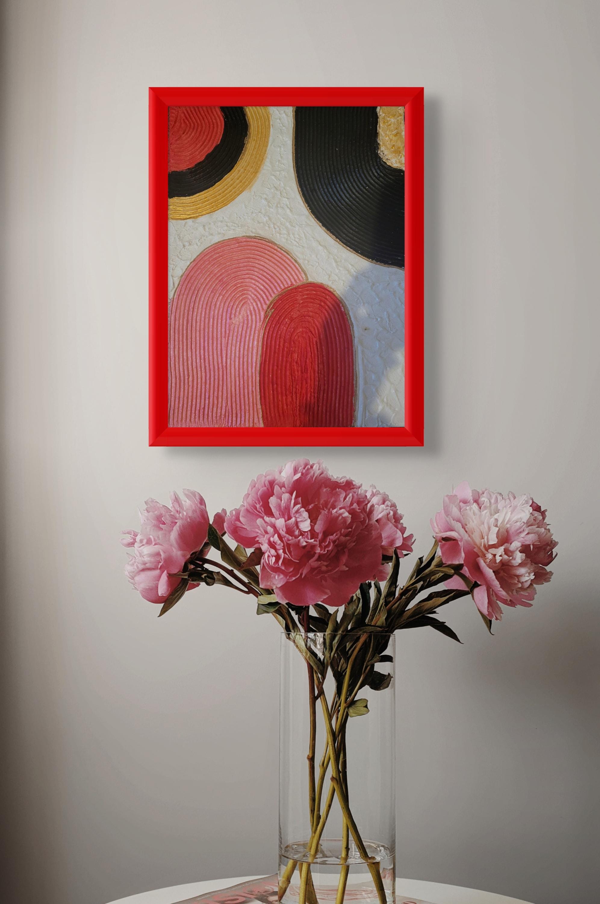 Handmade Textured Plaster Wall Art: Red, Black, Boho Canvas