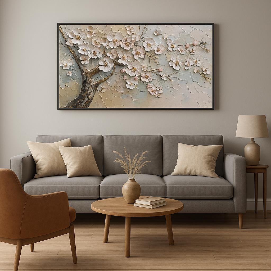 Large White Cherry Blossom Oil Painting, 3D Impasto Floral Canvas Art
