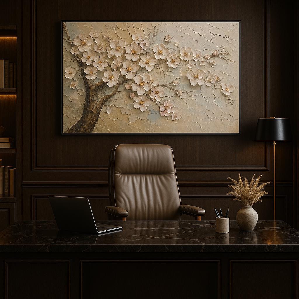 Large White Cherry Blossom Oil Painting, 3D Impasto Floral Canvas Art