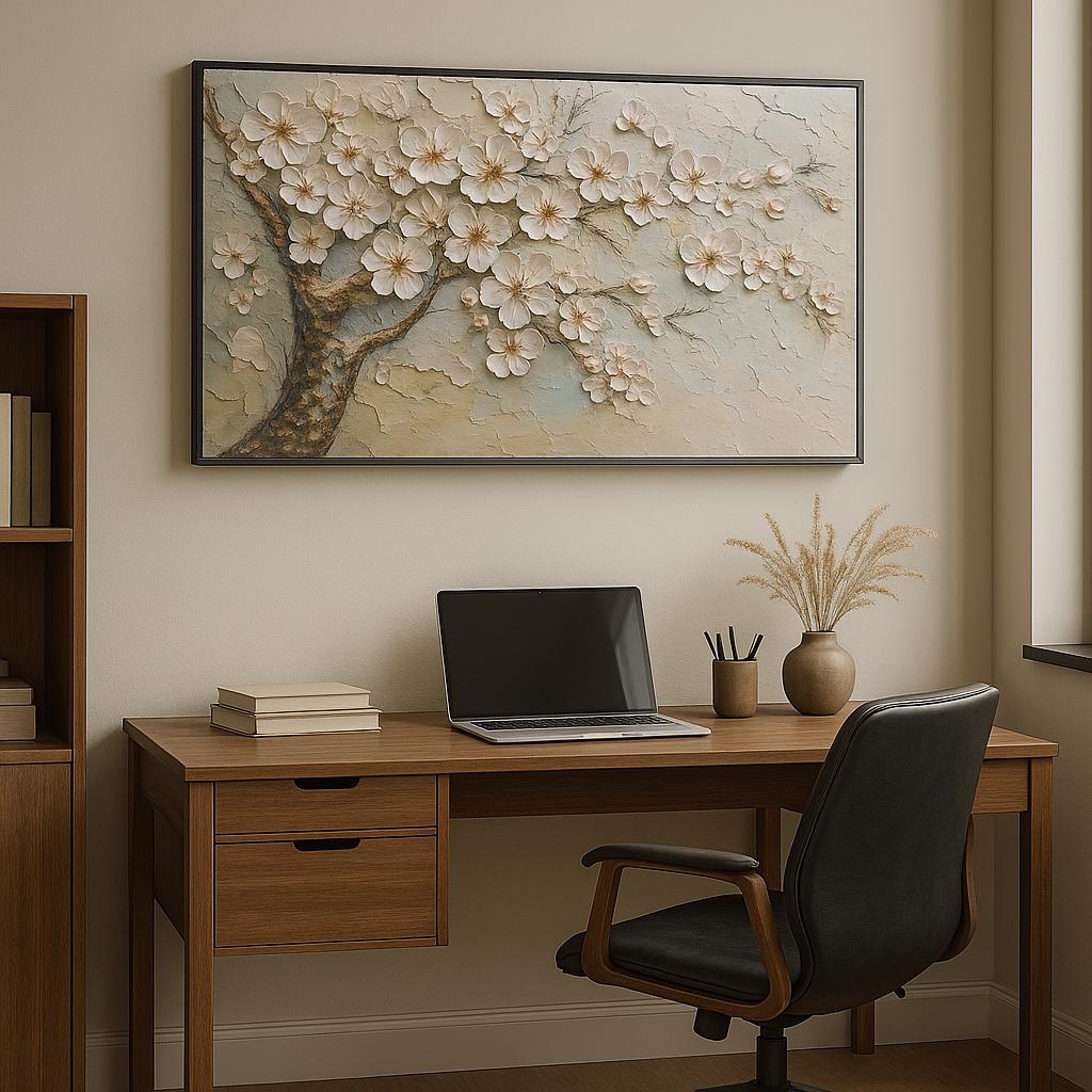 Large White Cherry Blossom Oil Painting, 3D Impasto Floral Canvas Art