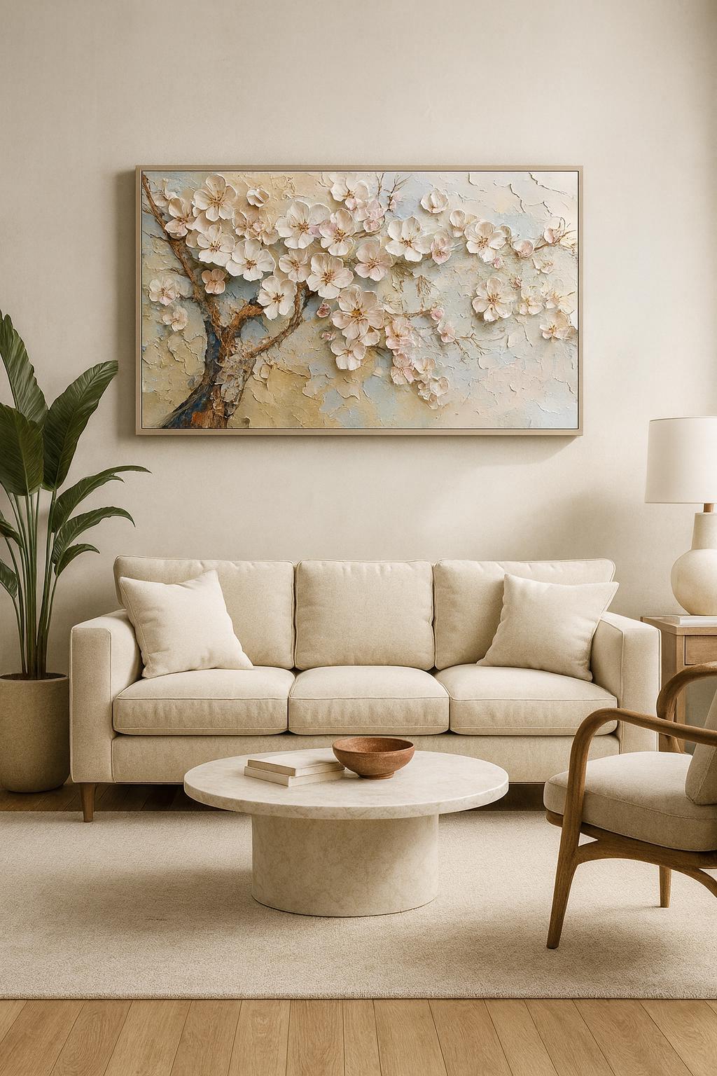 Large White Cherry Blossom Oil Painting, 3D Impasto Floral Canvas Art