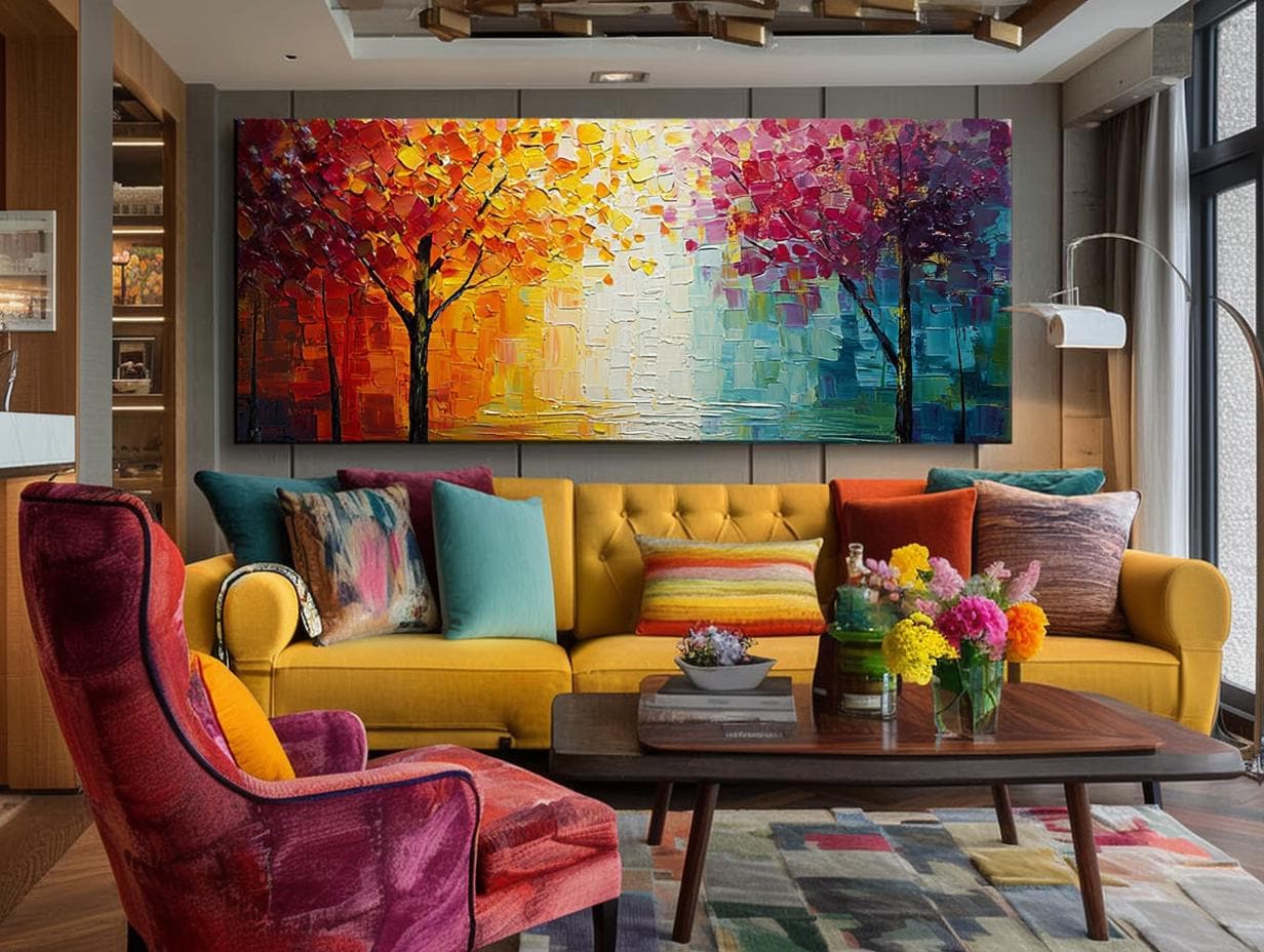 Original Colorful Tree Oil Painting, Large Abstract Texture Canvas, Boho Wall Art