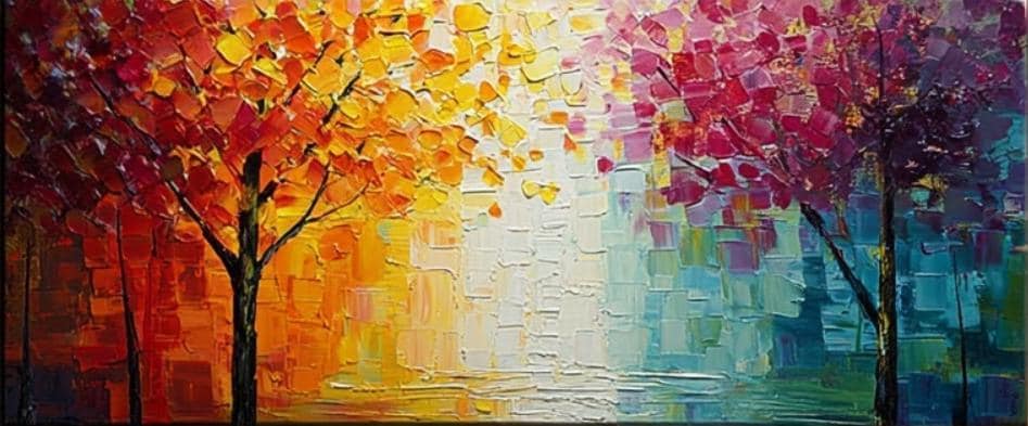 Original Colorful Tree Oil Painting, Large Abstract Texture Canvas, Boho Wall Art