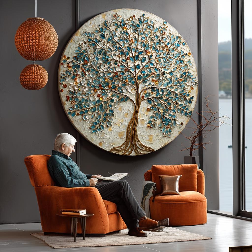 Large Original Round Canvas Resin Tree, Abstract Canvas Art 3D Impasto Textured Tree Wall Art Living Room Decor 50cms