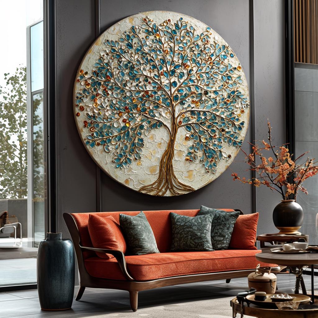 Large Original Round Canvas Resin Tree, Abstract Canvas Art 3D Impasto Textured Tree Wall Art Living Room Decor 50cms