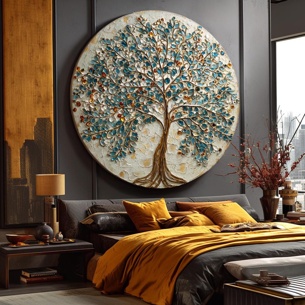 Large Original Round Canvas Resin Tree, Abstract Canvas Art 3D Impasto Textured Tree Wall Art Living Room Decor 50cms