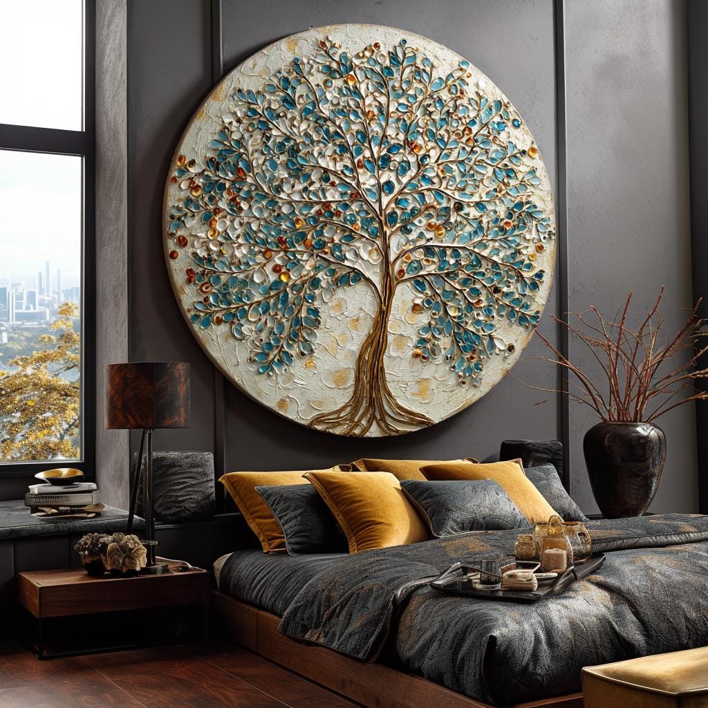 Large Original Round Canvas Resin Tree, Abstract Canvas Art 3D Impasto Textured Tree Wall Art Living Room Decor 50cms