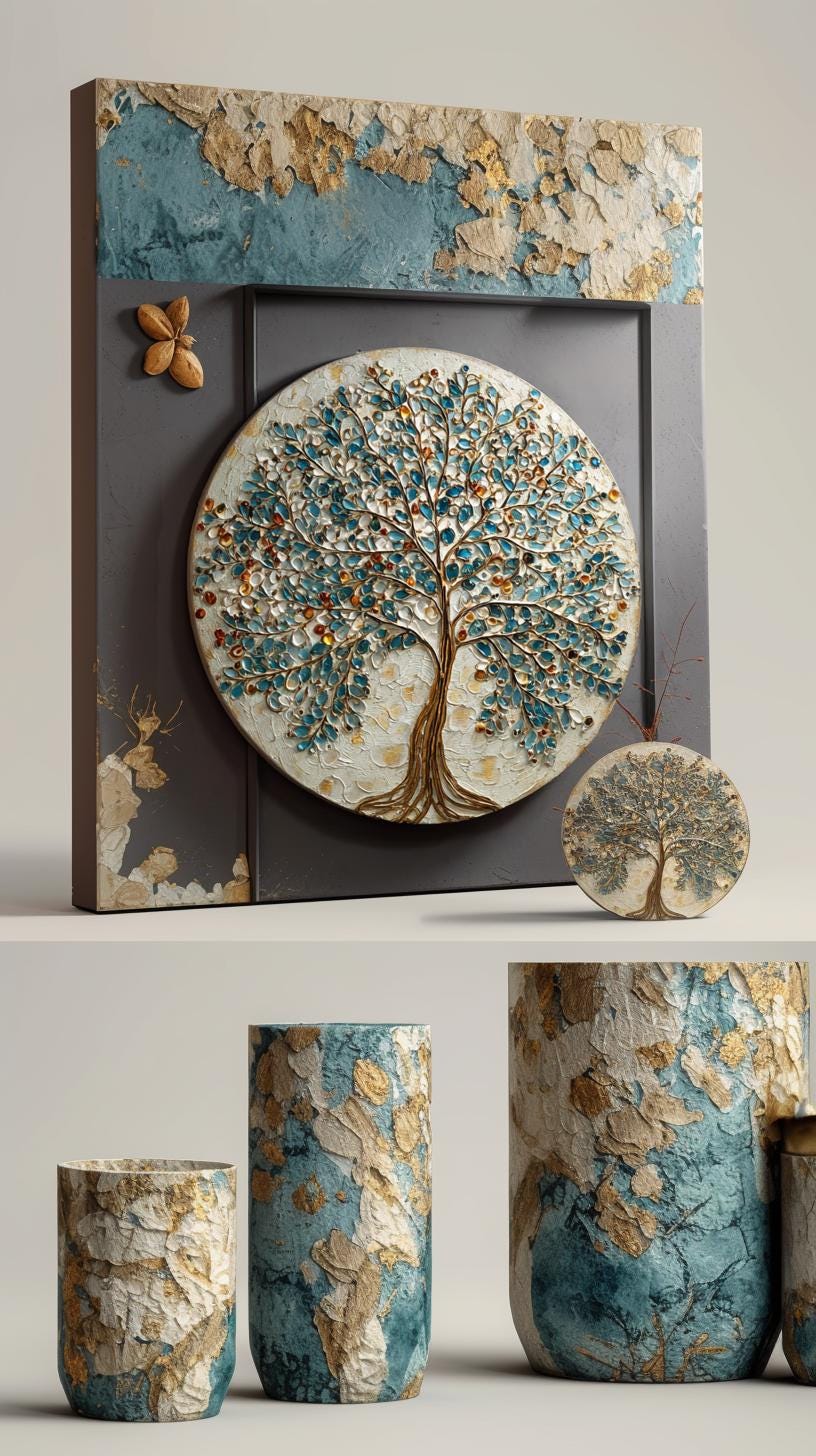 Large Original Round Canvas Resin Tree, Abstract Canvas Art 3D Impasto Textured Tree Wall Art Living Room Decor 50cms