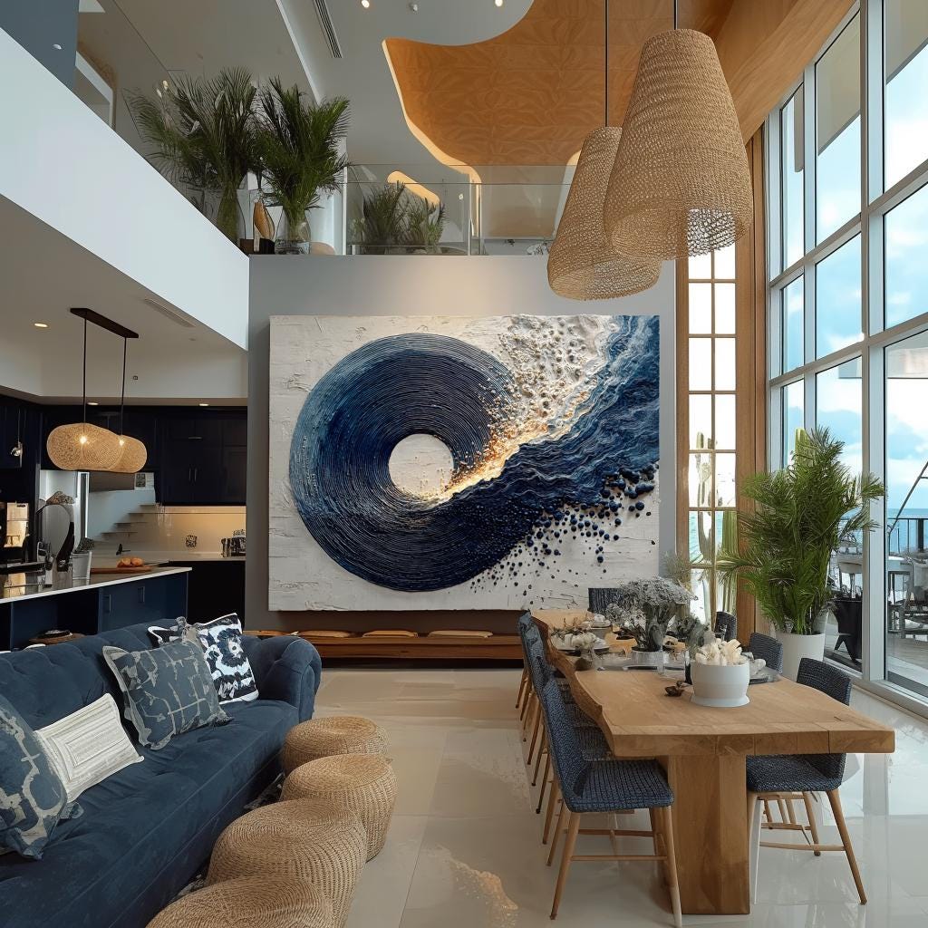 Navy Blue Canvas Painting Abstract Textured Minimalist Large Enso Circle Living Room Decor
