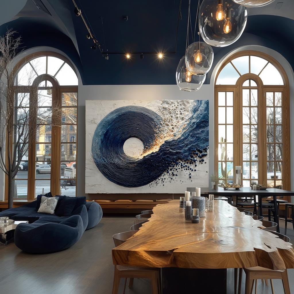 Navy Blue Canvas Painting Abstract Textured Minimalist Large Enso Circle Living Room Decor