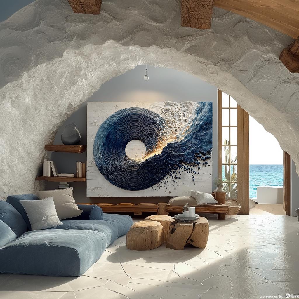 Navy Blue Canvas Painting Abstract Textured Minimalist Large Enso Circle Living Room Decor