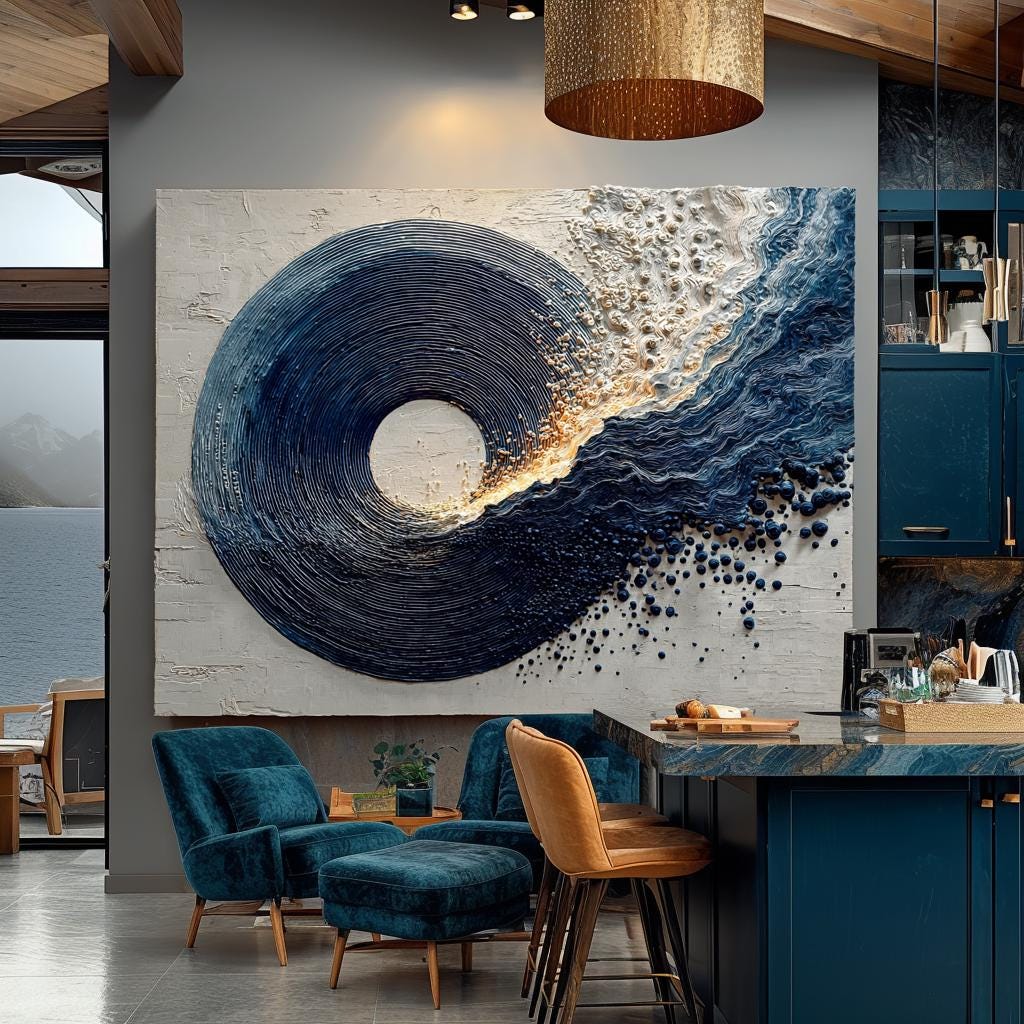 Navy Blue Canvas Painting Abstract Textured Minimalist Large Enso Circle Living Room Decor