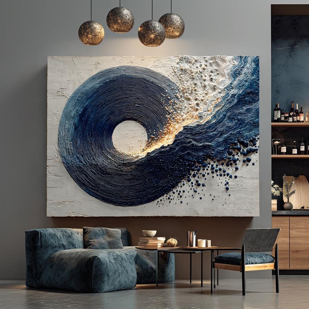 Navy Blue Canvas Painting Abstract Textured Minimalist Large Enso Circle Living Room Decor