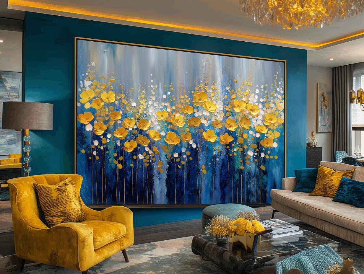 Navy Blue Gold Floral Textured Wall Art, Abstract Impasto Painting