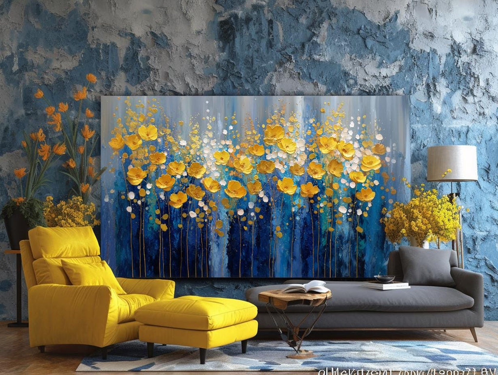 Navy Blue Gold Floral Textured Wall Art, Abstract Impasto Painting
