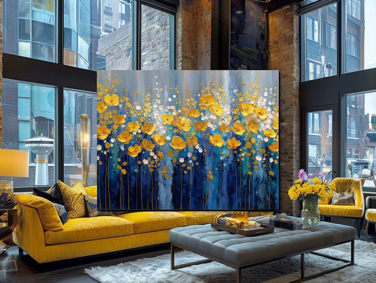 Navy Blue Gold Floral Textured Wall Art, Abstract Impasto Painting