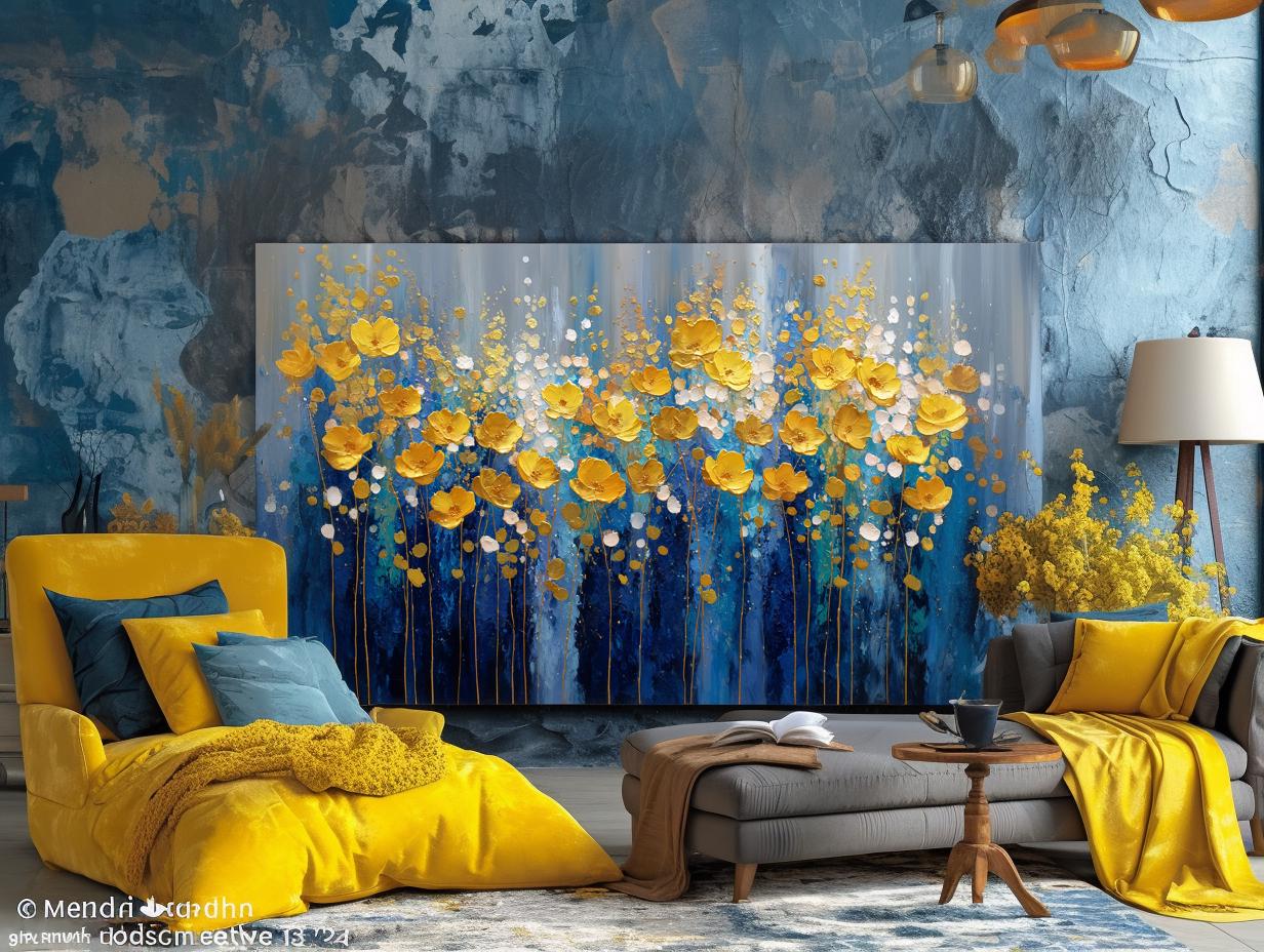 Navy Blue Gold Floral Textured Wall Art, Abstract Impasto Painting