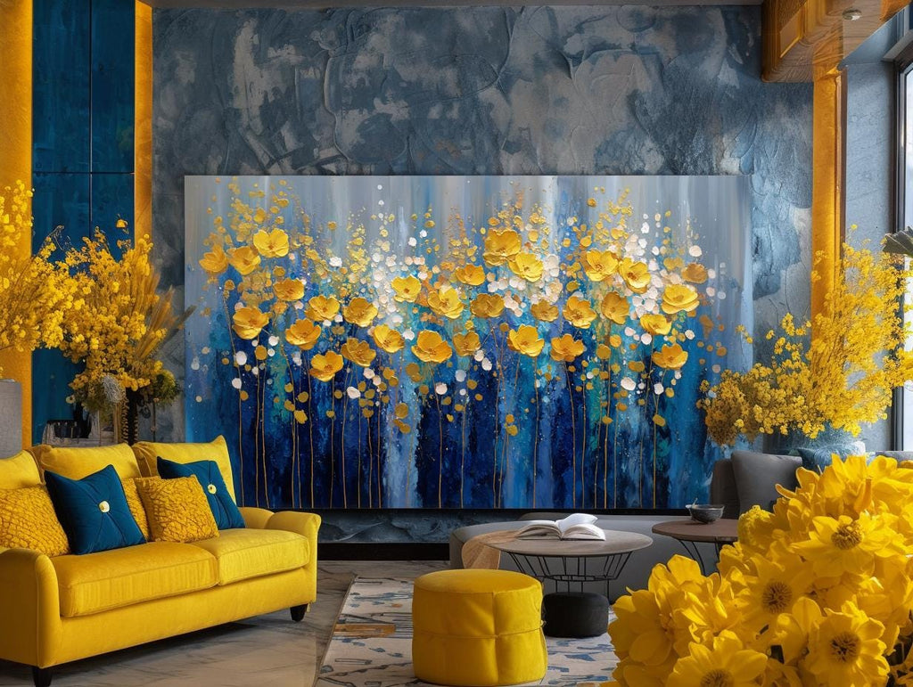 Navy Blue Gold Floral Textured Wall Art, Abstract Impasto Painting