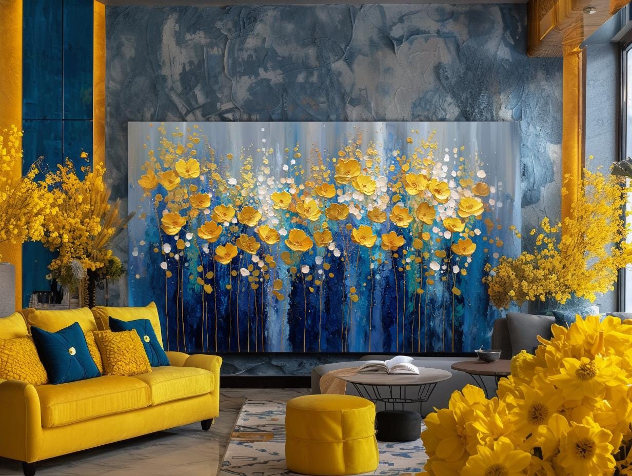 Navy Blue Gold Floral Textured Wall Art, Abstract Impasto Painting