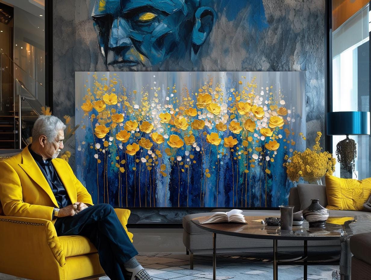 Navy Blue Gold Floral Textured Wall Art, Abstract Impasto Painting