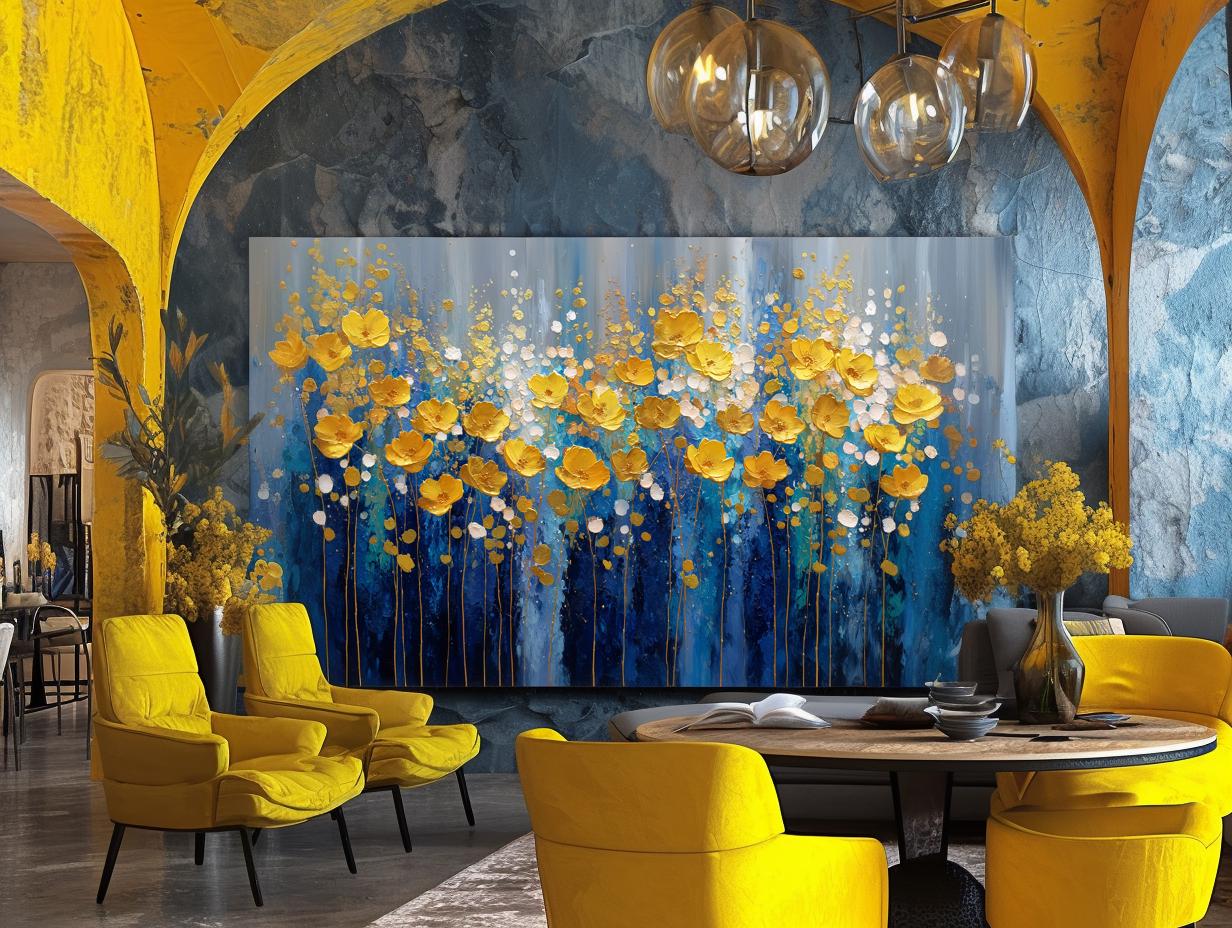 Navy Blue Gold Floral Textured Wall Art, Abstract Impasto Painting