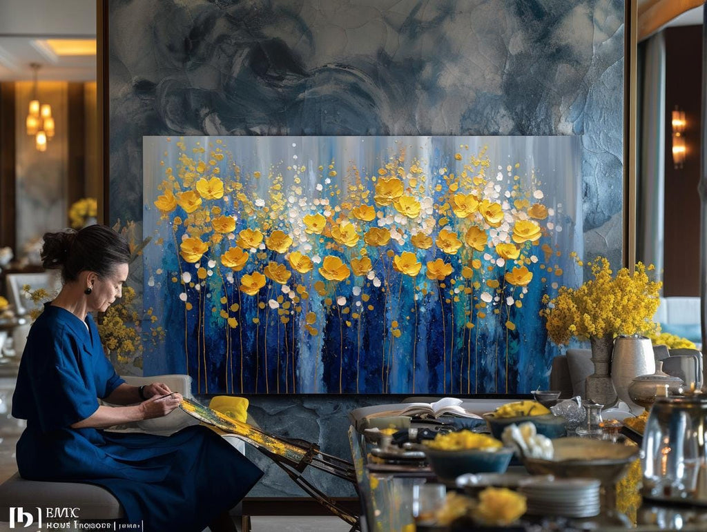 Navy Blue Gold Floral Textured Wall Art, Abstract Impasto Painting