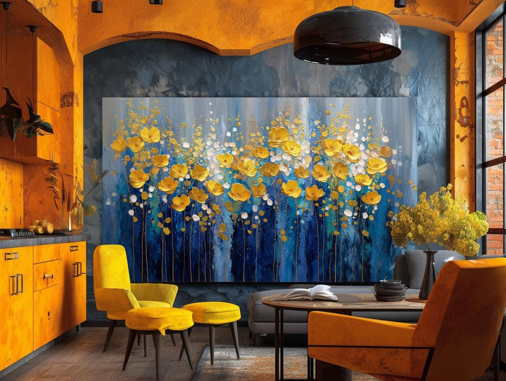 Navy Blue Gold Floral Textured Wall Art, Abstract Impasto Painting