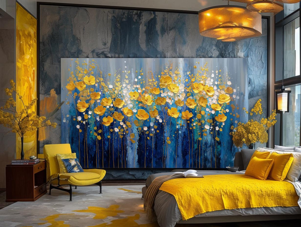 Navy Blue Gold Floral Textured Wall Art, Abstract Impasto Painting