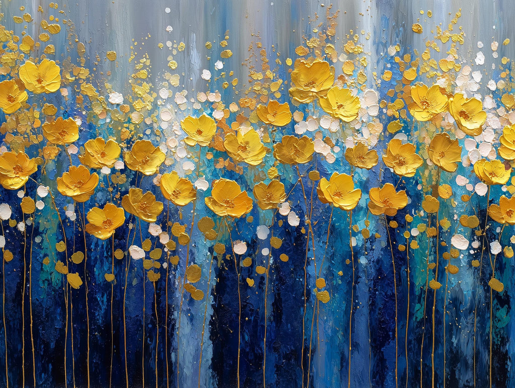 Navy Blue Gold Floral Textured Wall Art, Abstract Impasto Painting