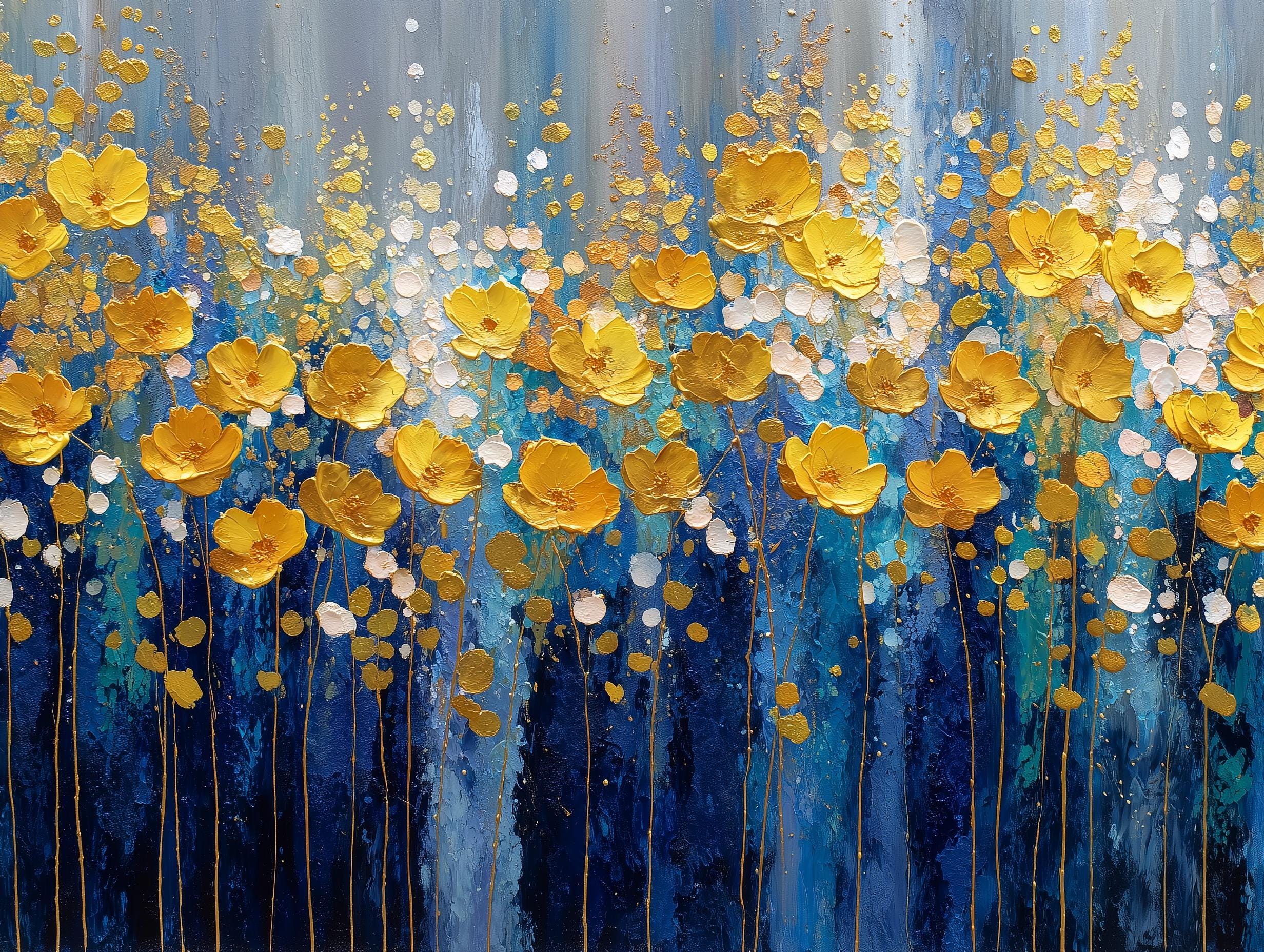 Navy Blue Gold Floral Textured Wall Art, Abstract Impasto Painting