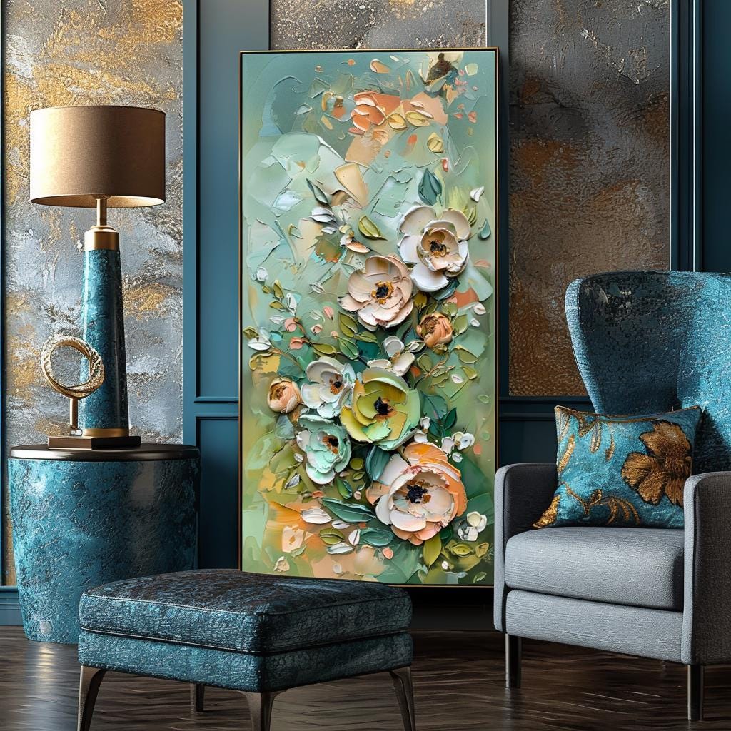 Green Gold Floral Textured Wall Art, Abstract Impasto Painting