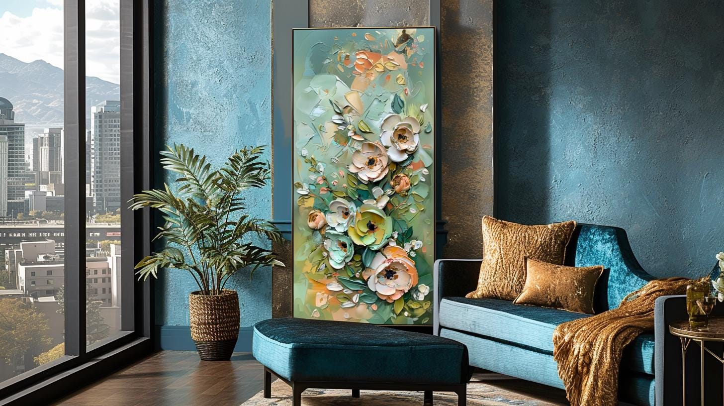 Green Gold Floral Textured Wall Art, Abstract Impasto Painting