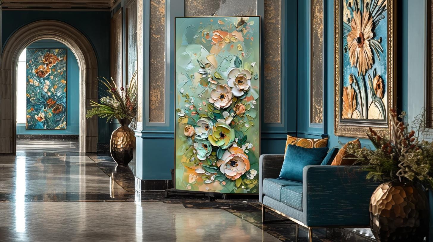 Green Gold Floral Textured Wall Art, Abstract Impasto Painting