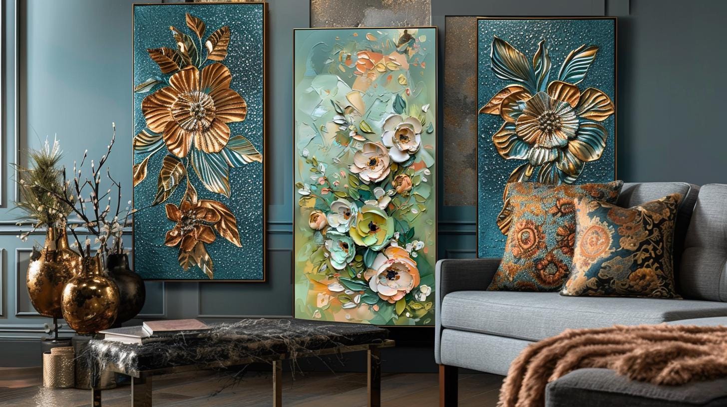 Green Gold Floral Textured Wall Art, Abstract Impasto Painting